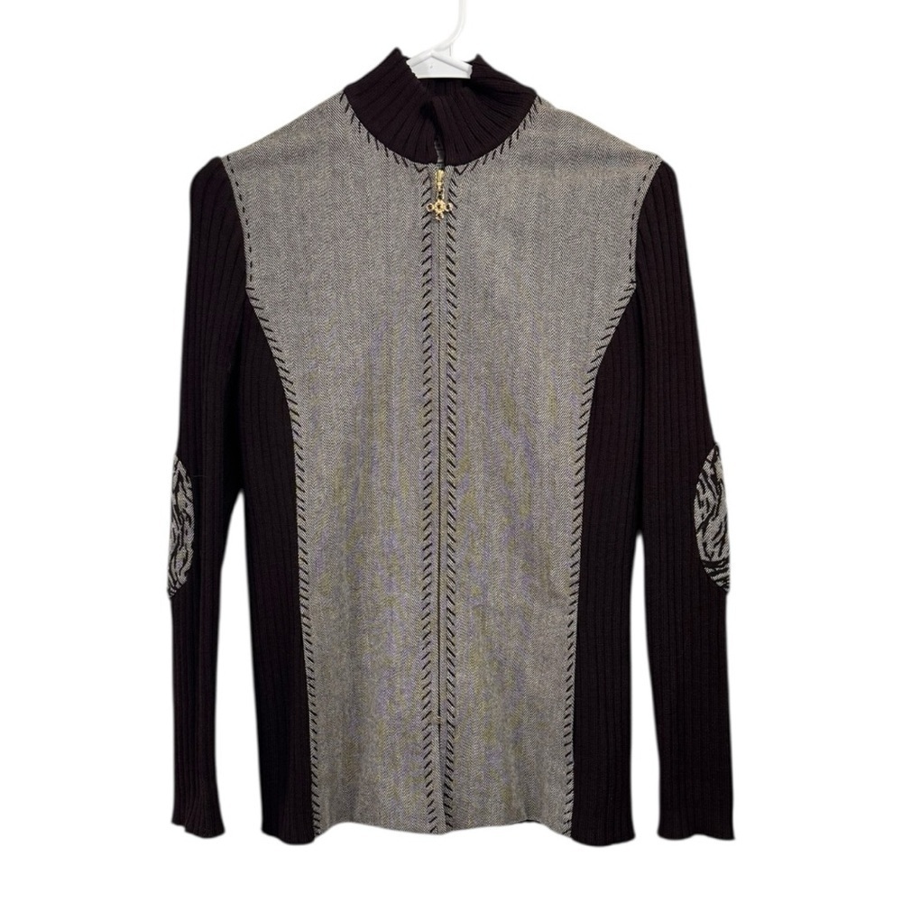 St. John Sport Size P XS Santana Knit Herringbone Tweed Elbow Patch Zip Jacket